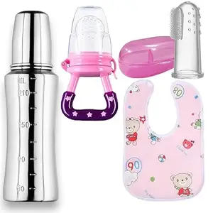 RB POINT Combo of Finger Brush+Bottle+Baby Bib+ Feeding Feeder Food BPA Free Non Toxic Silicone Squeeze Baby Feeding Cereal, Rice Dispensing Feeder, Food Dispensing