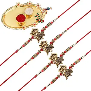 Rakhi Pendant Rakhi with Kankawati Pooja Thali Roli Chawal Greeting Card For Bhaiya/Brother/Bhai Pack Of 4-1198