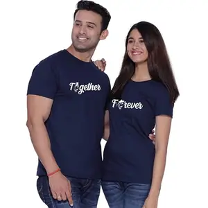ZOOTEE Fashion Couple Maching Men Women Together Forever Printed Navy Blue Color Cotton Tshirts for Set of 2