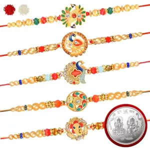 De Marquis 5 Designer Rakhi for Brother, 1 Pooja Coin, 1 Roli-Chawal Pack, 1 Greeting Card (5 Different Patterns Rakhis Gift Set)