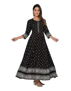 Women's Printed Maxi Dress with Border, 3/4 Sleeves, Ethnic Style KJ6