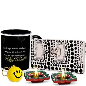 Alwaysgift Happy Diwali 2 Diyas, Ladies Wallet, Smiley Keychain, & Coffee Mug Combo Set