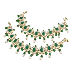 Amazon Brand - Anarva Traditional Gold Plated Bridal Anklets Payal Embellished with Green Stones & Faux Kundans For Women/Girls (A038G)