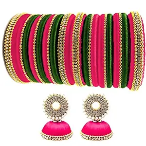 thread trends Silk Thread Pink And Green Color With Stone Bangle Set For Women (size-2/10)