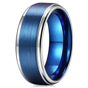 VIEN Mens Tungsten Wedding Ring Blue Brushed Silver Edge Wedding Band Engagement Ring (19)