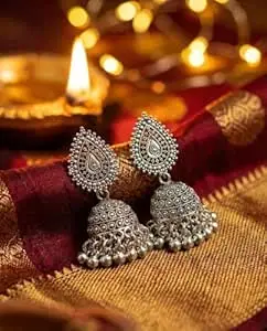 1 LOOK Traditional Oxidised Jhumka Earrings, German Design, Square Stud with Dome and Bead Danglers, 5 cm Length, 2 Pieces