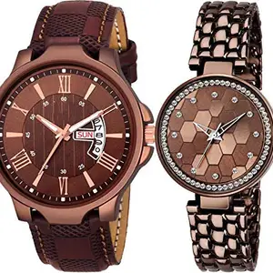 Goldenize fashion Exclusive Brown Dial Stainless Steel Men & Women Couple Combo Watches