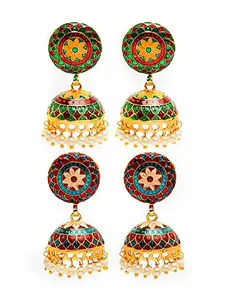 Yellow Chimes Meenakari Jumka Earrings with Ethnic Design Gold Plated Traditional Beads Combo of 2 pair for Women and Girls