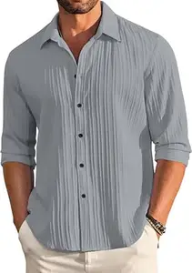 FINIVO FASHION Men's Casual Cotton Plain Button Down Shirt Long Sleeve Textured Summer Beach Shirt for Men
