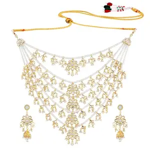 Peora 18K Gold Plated Traditional Kundan Pearl Floral Layered Long Necklace with Earring Jewellery Set for Women Girls