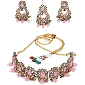 ACCESSHER Gold Tone Kundan and Pink beads embellished Choker Set with Earrings and maang tika for women and girls set of 1