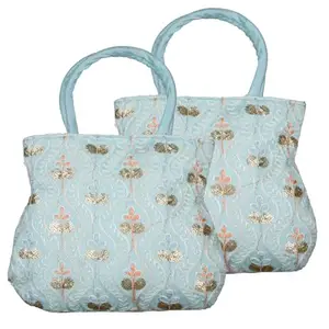 Kuber Industries Hand Bag | Traditional Tote Hand Bag for Women | Silk Wallet Hand Bag | Ladies Purse Handbag | Curved Shape Embroidery Hand Bag | Pack of 2 | Light Blue