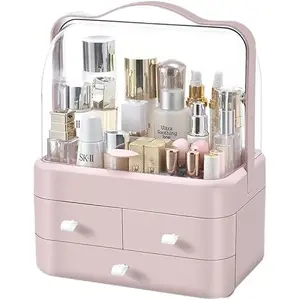 LEVGRY Cosmetic Storage Drawers Box Dust-Proof Desktop Makeup Organizer For Display Case with Handle Make up Organiser for Bathroom Dressing Table Bed Room Lip stick Skincare Holder(Pink 1Pc)