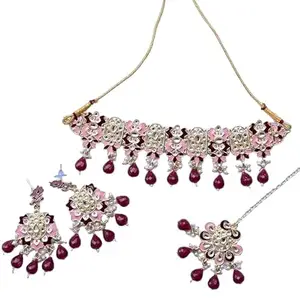 MAA CHAMUNDA Collection Elegant Kundan And Pearl Jwelery Set For Every Occasion Set Includes Necklace Jhumka set and Maang Tika (Maroon)