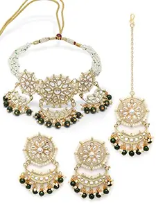 Karatcart Green Beads Studded Gold Plated Kundan Choker Necklace Set for Women