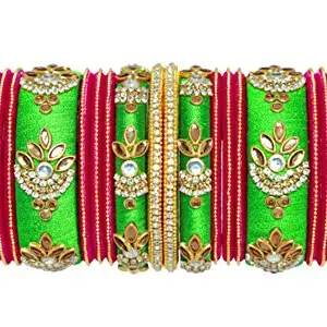 Blue jays hub Silk Thread Bangle Set of 22,Green, Pink,Gold Color kundans for Women/Girls (2.2)