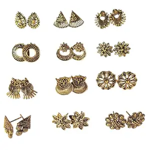 12 Pairs Combo set Stylish Gold plated oxidised Stud Earrings Set for Women, Traditional Ethnic Floral Design Collection, Women's & girls Fashion Jewellery