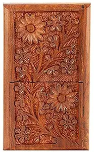 Woodenclave Handcrafted Solid Natural Wood Floral Design Carved Antique Design Pocket Size Ciggarete Case Holder Storage Box for Men Women - Brown