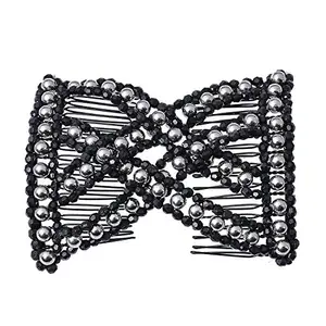 Lovef Jewelry Lovef EZ Magic Hair Beauty Decoration Comb Pearl Stretchy Beaded Hairpin Bow Double Combs Lady in Assorted Color (Grey)