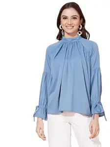 SIRIL Women's Georgette Solid Regular Fit Top (398TK7231-S_Blue)