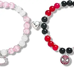 SUPER SOFTENER Hello Kitty Beaded Unisex Couple Friendship Bracelet - Adjustable One Size Fits All - Cute Bracelet Accessories for Men and Women (Spiderman & Kitty Bracelet)