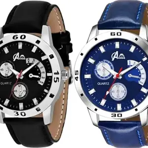 Acnos Premium Leather Analog Watch for Men Combo Pack of 2 Arrival Black Blue