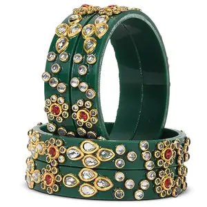 BRIDAL GARNISH BRIDA GARNISH Plastic Round Silver Stone Bangles with Gold Beads Stunning Plastic Base Jewelry for Elegant Occasions (Green, 2.8)