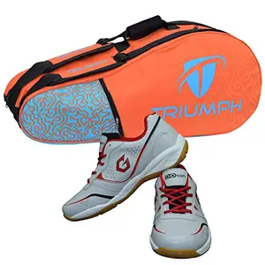 Gowin Badminton Shoe Smash Grey Size-13 Kids with Triumph Badminton Bag 303 Orange/Sky