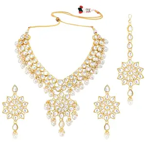 Peora Gold Plated Kundan Pearl Ethnic Necklace Earring & Maang Tikka Traditional Jewellery Set For Girls & Women (White)