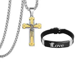 M Men Style Religious Lord Jesus Crucifix Christ Cross Silicone Stainless Steel Pendant With Bracelet Combo Inspirational Christian Jewelry Meaningful Gift for Boys SPnCom202411