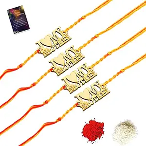Stylish Bhaiya Rakhi " I LOVE MY BROTHER" Designer Pendent For Bhaiya/Brother/Bhai With Roli Chawal with And 1 Greeting Card Pack of 4-1160