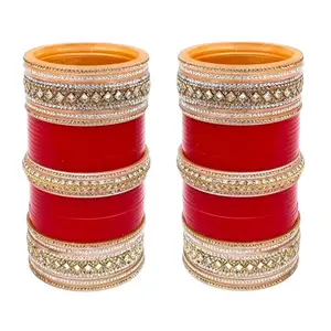 Lucky Jewellery Bridal Bangle Set Dhanteras/Diwali/Bhai Dooj Collection Red Punjabi Chura White Kundan & Golden Stone Choora Wedding Chuda For Women (1584-G1C1-1009-R28)