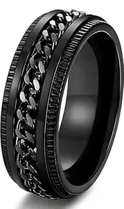 V FASHION JEWELLERY SPINNER BLACK ECG PATTERN RING HEARTBEAT FOR LOVERS VALENTINE DAY GIFT STAINLESS STEEL STERLING RING Size -17
