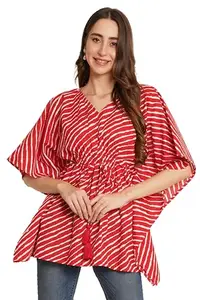AMAZON BRAND - ANARVA Jaipuri Cotton Kimono Sleeves Printed Longline Kaftan Top for Women (Red Bandhej)