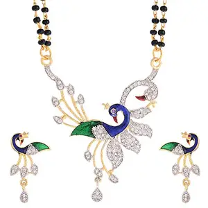KENNICE Mangalsutra Black Bead Chain Peacock Style Blue & Green Gold-Plated with Earrings Jewellery For Women