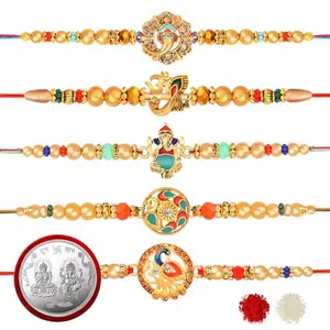 De Marquis Rakhi Combo Set of 8, 5 Rakhi Set, 1 Laxmi-Ganesh Coin, 1 Roli Chawal Pack, 1 Greeting Card for Bro/Brother/Bhaiya/Bhai/Bhabhi/Sister/Kids Happy Rakshabandhan