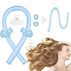 SKINPLUS Women Heatless Curling Rod Headband, No Heat Curl Ribbon With Hair Clips And Scrunchie, Sleeping Curls Silk Ribbon Hair Rollers (Blue)