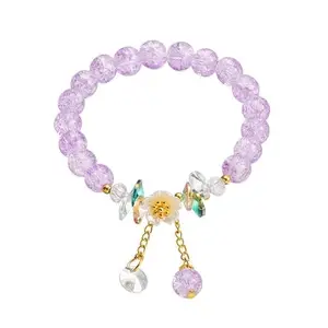 El Regalo Daisy Flower Bracelets- 1PC Crackled Crystal Beads Tassel Flower Charms Bracelet for Girls & Women (Purple)