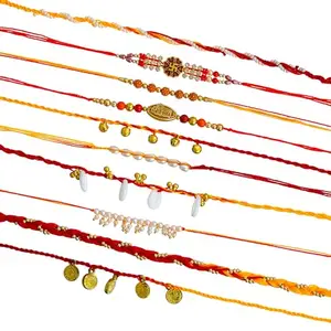 Handicraft Bazarr Multi Designer Rakhi Combo Multicolour Dora And Thread Set Of 10 Rakhi Roli Chawal With Rakshabandhan Best Rakhis For Brother Bhabhi Kids