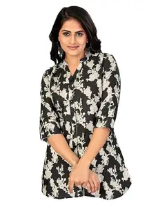 Women's Poly Crepe Mandarin Collar 3/4 Sleeves Short Top (Black, M)-PID56263