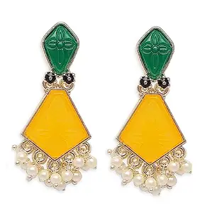 OOMPH Jewellery Yellow & Green Ethnic Drop Earrings - Engraved Jaipur Stones - For Women & Girls Stylish Latest (ECK195_AOR1)