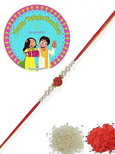 ACCESSHER Religious Delicate Rudraksh Rakhi with Pearls for Brother & Gifting - Pack of 1 with Roli Kumkum Packets and Happy Rakshabandhan Card | Rakhi for Brother