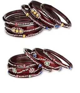 Combo Party & Festivle Designer Ornamented With Colorful Beads And Figures Fancy Matching Glass Bangles & Kada Set Of Six Each With Safety Box (Size 2.2 IN) (BN_2.2-26.a_bang)