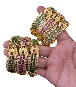 KGR Splash South Indian Jadau Kangan Bangle Set For Women And Bride 2 Pair Of Emerald Stone & 1 Pair Of Ruby Stone Bangle, Set OF 6 Bangles (Size 2.6)