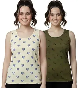 DIAZ Women Printed Tank Top for Girls & Women | Sleeveless Casual Summer Top |Printed Tank Tee | Loose Fit Camisole Top for Regular Wear, Home Wear, Gym, Yoga & Travel=Pack of 2