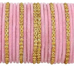 ZULKA Stylish Glass & Golden Beads Velvet Bangle Set For Women and Girls | Fancy Women's Bangles | Traditional Glass Chudi Set | Fashion Jewellery | Choodiyan, (ZU_F133_Guddan-(3)-Pink-2.2 Inches)