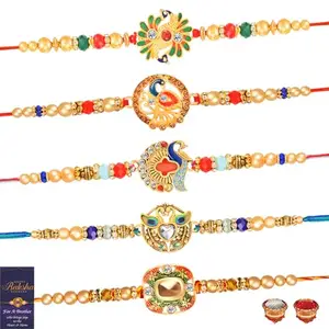De Marquis 5 Designer Rakhi Gift Set for Brother, Mauli Thread, Chawal Roli Pack, Greeting Card Set (5 Multicolor RAKHI set in different design with Roli and chawal)