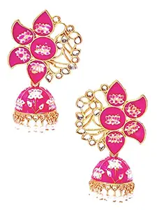 Crunchy Fashion Jewellery Traditional Indian Bridal Wedding Gold Plated Crystal Studded Raani Pink Meenakari Big Lotus Jhumka Jhumki Earrings For Women/Girls