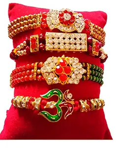 DMS RETAIL Multicolor Diamond Bracelet Rakhi for Brother with Roli Chawal Bhaiya Bhabhi Rakhi Rakhi Set for Brother Pack of 4 Different Pattern Rakhi