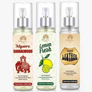 Mayin Mysore Sandalwood, Lemon Fresh And Tanned Leather Eau De Parfum For Men (105ml Each) Pack Of 3